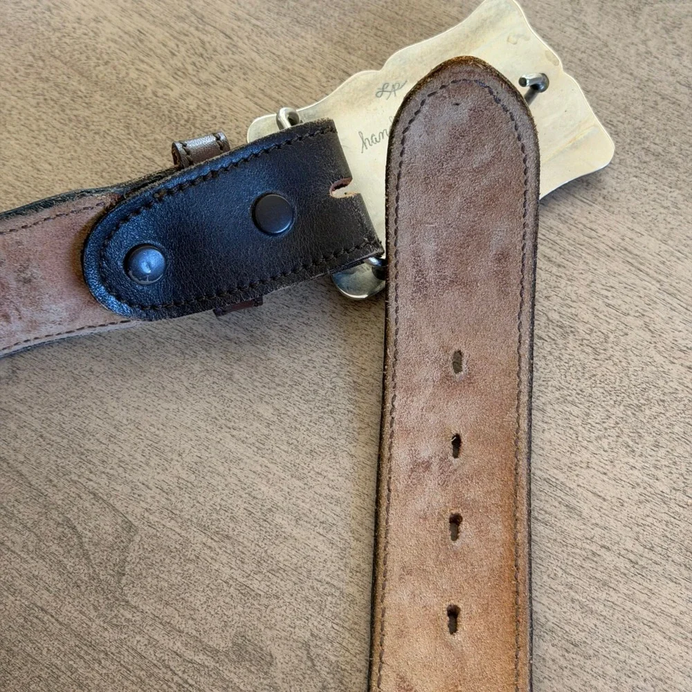 Chambers Western Belt Hand Finished Tooled Leather Two Tone Buckle USA 38 VTG